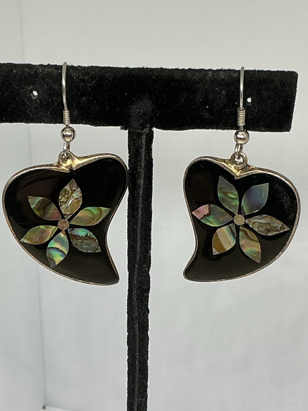 Vintage Alpaca Silver Inlaid Abalone Floral Dangle Earrings
